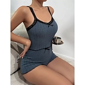 abordables Hauts et bas de nuit pour femmes-Femmes Ensemble Pyjama Occasionnel Confort Couleur Unie Dentelle Taille Élastique Shorts Quotidien Maison Sans manches Bretelles Bleu Blanche Rose Claire Vin Gris Été Printemps Coupe régulière