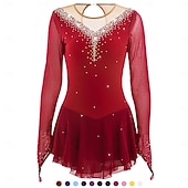 cheap Figure Skating Dresses-Red Rhinestone Figure Skating Dress for Women &amp; Girls – Long Sleeve Mesh Competition Costume with V Open Back and Flowy Asymmetrical Skirt
