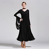 abordables Salón de Baile Estándar-Vestido de baile de salón rojo para mujer, cuello en V, cintura fruncida, manga larga, vestido de vals, traje de competición estándar moderno.