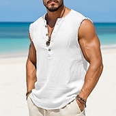 Недорогие Хлопковые Льняные Футболки-Муж. Рубашка Хенли Безрукавка Без рукавов Хенли Лето Полотняное плетение Мода Оригинальный рисунок Богемные Пуговицы Повседневные Отпуск На выход Светло-синий Черный Белый Футболка для мужчин