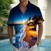 preiswerte Tropische Pflanzen-Herren Regenbogen Kokospalme Landschaft Sommer Hawaiihemd Knopfhemd Alohahemd Kurzarm Hawaiianisch Urlaub Sommer Frühling Umlegekragen 3D-Druck Hemden mit Kragen Eine Tasche vorne Blau Dunkelblau