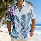 abordables Chemise en Satin pour Homme-Homme Géométrique Vagues Art abstrait Chemise Chemise en satin Chemise habillée Manche Courte Mode Décontractée Quotidien Vacances Été Printemps Col Rabattu Chemises à Col Impression 3D Chemises