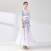 cheap Standard  Ballroom-Women's Blue and White Floral Ballroom Dance Dress Asymmetrical Mesh Ruffle Shoulder 3/4 Sleeve Waltz Gown Modern Standard Competition Outfit