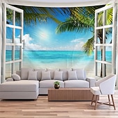 levne Nástěnné tapiserie-3D gobelín s výhledem z okna, pláž, falešné okno, oceán, nástěnná dekorace, tropické palmy, pobřežní krajina, do obývacího pokoje, místnost na jógu.