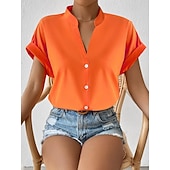  Dames Blouse Knop Effen Elegant Dagelijks Stijlvol Korte mouw V-hals Normale tops Dagelijks blauw Zwart Blozend Roze Oranje Groen Zomer Lente