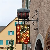  Bandiera da giardino del 4 luglio con luci a LED, bandiera americana patriottica illuminata con cuore di benvenuto per esterni, bandiera da giardino in tela di iuta bifacciale per il giorno