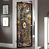 abordables Banners de Garaje y Puerta-Cortina de puerta estilo vitral vintage con patrón barroco ornamentado, mampara de privacidad colgante, tapiz decorativo para puerta de casa y oficina.