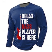  Slapp av, bassisten er her, morsom musiker, rød elektrisk bassgitar, herre marineblå langermet t-skjorte, klær, s m l xl xxl xxxl