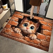abordables Felpudo-Felpudo con ilusión 3D de gatito, impresión 2D de un gato asomándose a través de una pared de ladrillos para una entrada divertida y original, perfecta para los amantes de los gatos.
