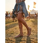 preiswerte Frauen-Schwarze kniehohe Gladiator-Sandalen zum Schnüren für Damen – flache Römersandalen im Boho-Stil für Sommer, Strand und Festivals