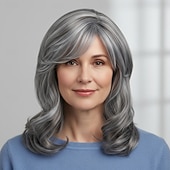 cheap Older Wigs-Silver Grey Wigs for Women, Shoulder Length Wavy Hair with Side Bangs, Natural Looking Heat Resistant Synthetic Wig for Daily Wear, Party