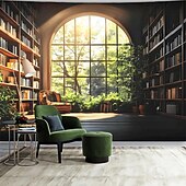 billige Veggoppheng-3D-bibliotekteppe veggteppe vintage bokhyllemønster stor stoffveggkunst buet vindu skogutsikt romdekor til stue/studie