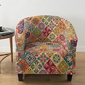 cheap Armchair Cover &amp; Armless Chair Cover-1 Pc Club Chair Cover Striped Plant and Geometric Printed Polyester Slipcover for Single Seat Chair Living Room Bedroom Home Office