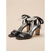 tanie Panna młoda-Damskie fioletowe satynowe szpilki ślubne z perłowym paskiem wokół kostki i kokardką, eleganckie sandały ślubne z odkrytymi palcami dla panien młodych, luksusowe buty na wysokim obcasie do ceremonii