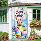 Недорогие Гаражные и дверные баннеры-Пасхальный дверной баннер, счастливый пасхальный кролик, разноцветное яйцо, бабочка, подсолнух, весенняя вывеска для крыльца, настенный гобелен, декор для дома.