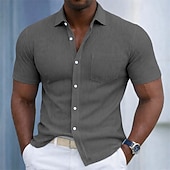  Men's Shirt Texture Casual Shirt Corduroy Shirt Button Up Shirt Black White Burgundy Navy Blue Military Green Short Sleeve Plain Shirt Collar Casual Daily Front Pocket Clothing Apparel Elegant