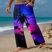 halpa Miesten painetut vapaa-ajan housut-Miesten Kookospuu Auringonlasku Trooppiset kasvit Housut Rennot housut Roikkuvat housut Keskivyötärö Havaijilainen ulko- Loma Ranta-asut Joustava kiristysnyöri vyötäröllä Pellavamaiset housut