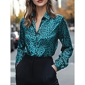 cheap Dressy Blouses-Women's Blouse Buttons Print Leopard Stylish Casual Long Sleeve Shirt Collar Regular Tops Daily Blue Silver Yellow Brown Spring Fall