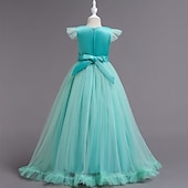 abordables Robes de Fille de Fleurs-Robe de Demoiselle d'Honneur Fille Fille Robe de soirée Tenue de mariage Soirée Mariage Formel Mode Princesse Beau Maille Couleur Unie Sans manches Col Rond Bleu Jaune 4 ans et +
