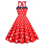 billige Kjoler-250-årsjubileum i USA 1950-tallet Retro / vintage Middag Swing kjole Halter Flare kjole Ermeløs Stjerner Kostyme Dame 4. juli Uavhengighetsdagen Voksne Kjole