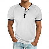 baratos Camiseta Henley Casual-Homens Camisa Henley Camisetas Camiseta 100% algodão Manga Curta Côr Sólida Tecido Cor Única Moda Designer Casual Bloco de cor Botões Henley Casual Diário Ao ar livre Primavera Verão Verão Primavera