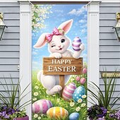 voordelige Feestelijke wandkleden-Deurdecoratie met paashaas en 'fijne Pasen'-opdruk, kleurrijke paaseitjes als lenteversiering, perfect voor feestelijke entrees en paasdecoraties.