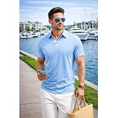 baratos Polo Clássico Masculino-Camisa polo masculina de algodão e bambu, estilo polo, casual, para trabalho, com gola polo e lapela, manga curta, básica, moderna, cor sólida, patchwork e botões, ideal para verão e primavera. &amp;polo