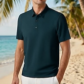 abordables Polo clásico para hombre-Hombre Polo Polo de seda helada seersucker Casual Negocio Cuello polo acanalado Manga Corta Moda Básico Color sólido Con Texturas Botones Verano Primavera &amp; Otoño Ajuste regular Azul Piscina Negro