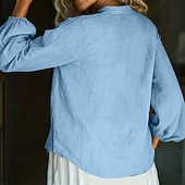 baratos Camisas de Luxo-Mulheres Camisa de linho camisa de verão camisa de botão Bolsos Côr Sólida Tecido Diário à moda Casual Manga Longa Decote V Tops regulares Feriado Roupa de Praia Roupas de resort Preto Branco Amarelo