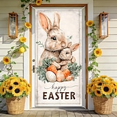 Недорогие Гаражные и дверные баннеры-Пасхальный дверной баннер, счастливый пасхальный кролик, разноцветное яйцо, бабочка, подсолнух, весенняя вывеска для крыльца, настенный гобелен, декор для дома.
