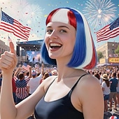  Sininen punainen valkoinen peruukki poninhäntällä naisille ja tytöille 4. heinäkuuta lyhyet bob-peruukit Neljännen heinäkuun juhlapuruukki kuumuudenkestävä synteettinen peruukki