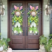 cheap Home Decor-2 Pack Large Easter Bunny Swag Wreath for Front Door, 24" Artificial Spring Bunny Hanger with Lavender Eggs &amp; Green Bows, Whimsical Farmhouse Easter Wall Porch Decor, Cute Outdoor Holiday Decoration