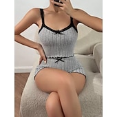 abordables Hauts et bas de nuit pour femmes-Femmes Ensemble Pyjama Occasionnel Confort Couleur Unie Dentelle Taille Élastique Shorts Quotidien Maison Sans manches Bretelles Bleu Blanche Rose Claire Vin Gris Été Printemps Coupe régulière