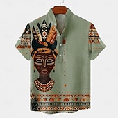 billiga Etniskt mönster-Herr Etik / afrikansk Urfolk Skjorta Button Down skjorta Kortärmad Vintage retro Helgdag Ledigt / vardag Sommar Vår Kinakrage Henley krage 3D-utskrift Linne som skjorta 다크 카키 Svart Grön Kaki