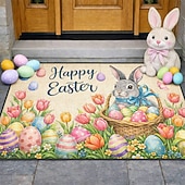 baratos Capacho-Tapete de Páscoa com mensagem de Feliz Páscoa, coelhinho na cesta de ovos e tulipas coloridas, perfeito para dar as boas-vindas à primavera.