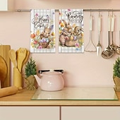 billige påske-2 stk. kjøkkenhåndklær med påskehare-trykk, vaskbare vårhåndklær med påskehare &amp;eggmønstre, moderne gårdshus rektangulære oppvaskkluter egnet for vårsesongdekorasjonsgave