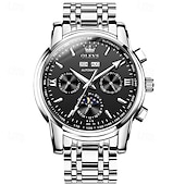 abordables Montres mécaniques-Montre homme Olevs neuve, élégante et fonctionnelle, avec affichage des phases de la lune, du calendrier, de l'heure sur 24 heures et du jour de la semaine. Montre mécanique automatique multifonctions