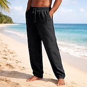 preiswerte Urlaub-Herren Leinenhosen Hose Sommerhose Baggy-Hosen Strandhose Kordelzug Elastischer Bund Gerader Schnitt Einfach Komfort Atmungsaktiv Volle Länge Lässig Täglich Outdoor Mode Klassicher Stil Schwarz
