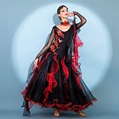 economico Abbigliamento da Competizione-abito da ballo da sala da donna in organza arricciata con ricami a fiamma rossa nera, tango foxtrot paso doble, abito da competizione