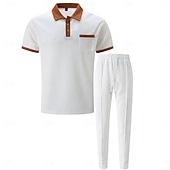 preiswerte Basic T-Shirts für Herren-2-teiliges Herren-Sommer-Waffel-Polohemd &amp;Polo-Hose, passendes Set, Strandkleidung, Alltagskleidung, Ausgehkleidung, Kordelzug, schlicht, schwarz, weiß, königsblau, Sportbekleidung, Mode