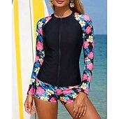 baratos Rash Guards de Uma Peça-Mulheres Anti Atrito Roupa de banho Tankini Tropical Zip Up Lateral franzida Proteção UV Elástico Manga Longa Roupa de Banho roupa de banho Surfe Mergulho Natação Verão
