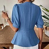 preiswerte Einfache Blusen-Damen Freizeithemd Knopfhemd Bluse Gerafft Tunika Knöpfe Einfarbig Einfach Elegant Täglich Stilvoll Kurzarm Puffärmel V Ausschnitt Normale Oberteile Ferien Strandbekleidung Urlaubskleidung Blau Kamel