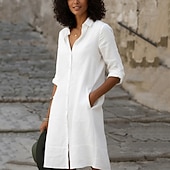 cheap Dresses-Women's Mini Dress Cotton Linen Dresses Shirt Dress Modern Outdoor Vacation Going out Regular Fit Plain Half Sleeve Shirt Collar Black White Light Blue Summer Spring