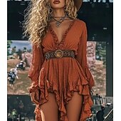 halpa Lännen Boho Mekko-Naisten Midimekko Boho-mekko Länsimainen mekko Muoti Moderni ulko- Loma Pyhäpäivä Normaali Tavallinen Pitkähihainen V kaula-aukko Oranssi Kesä