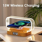 abordables Luces Decorativas Inteligentes-Lámpara de mesita de noche con cargador inalámbrico, linda lámpara de noche con reloj, pequeña lámpara de mesa para dormitorio, mini luz de noche para dormitorio, pequeña luz como regalo, regulable