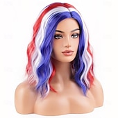  5. heinäkuuta peruukit naisille lyhyet kiharaiset aaltoilevat punaiset valkoiset siniset ja sekoitetut aaltoilevat peruukit tytöille kuumuudenkestävästä synteettisestä asupuruukista itsenäisyyspäivän