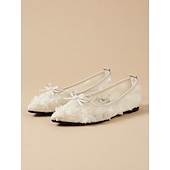 economico sposa-scarpe da sposa basse in pizzo color avorio da donna con fiocco, eleganti ballerine da sposa per matrimoni all'aperto in giardino