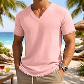 economico T-shirt in Cotone e Lino-Per uomo Maglietta Maglietta in lino Manica Corta Maniche Corte Scollo a V Estate Semplice Moda Designer Essenziale Morbido Casuale Spiaggia Vacanza Bianco Maglietta Top per Uomo