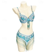 preiswerte Bauchtanzkleidung-Samba Dancewear Tiefblaues Ornamental Beaded Pailletten Bauchtanz-Set Leistungskostüm
