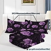 abordables Juegos de funda nórdica-Juego de funda nórdica con estampado de flores y mariposas de rosas moradas, juego de cama estilo hotel con 1 funda nórdica y 2 fundas de almohada, tela de felpa suave, no incluye edredón.